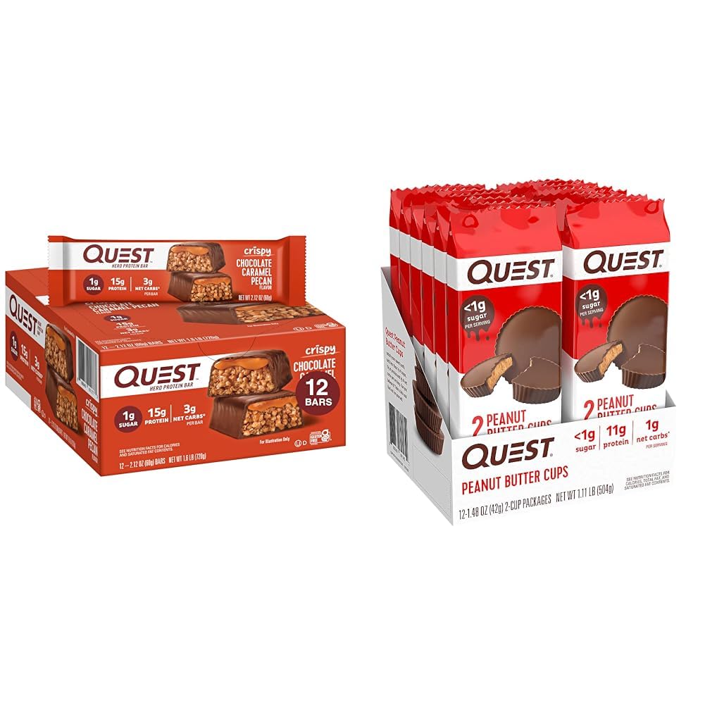 Quest Nutrition Crispy Chocolate Caramel Pecan Hero Protein Bar, 15g Protein, 1g Sugar & High Protein Low Carb, Gluten Free, Keto Friendly, Peanut Butter Cups, 12 Greve