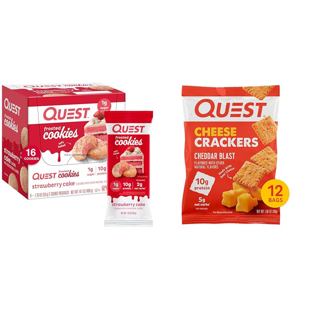 Quest Nutrition Frosted Cookies Twin Pack, Strawberry Cake, 1g Sukker, 10g Protein, 2g Net Carbs & Cheese Crackers, Cheddar Blast, High Protein, Low Carb, Made with Real Cheese, 12 Ct