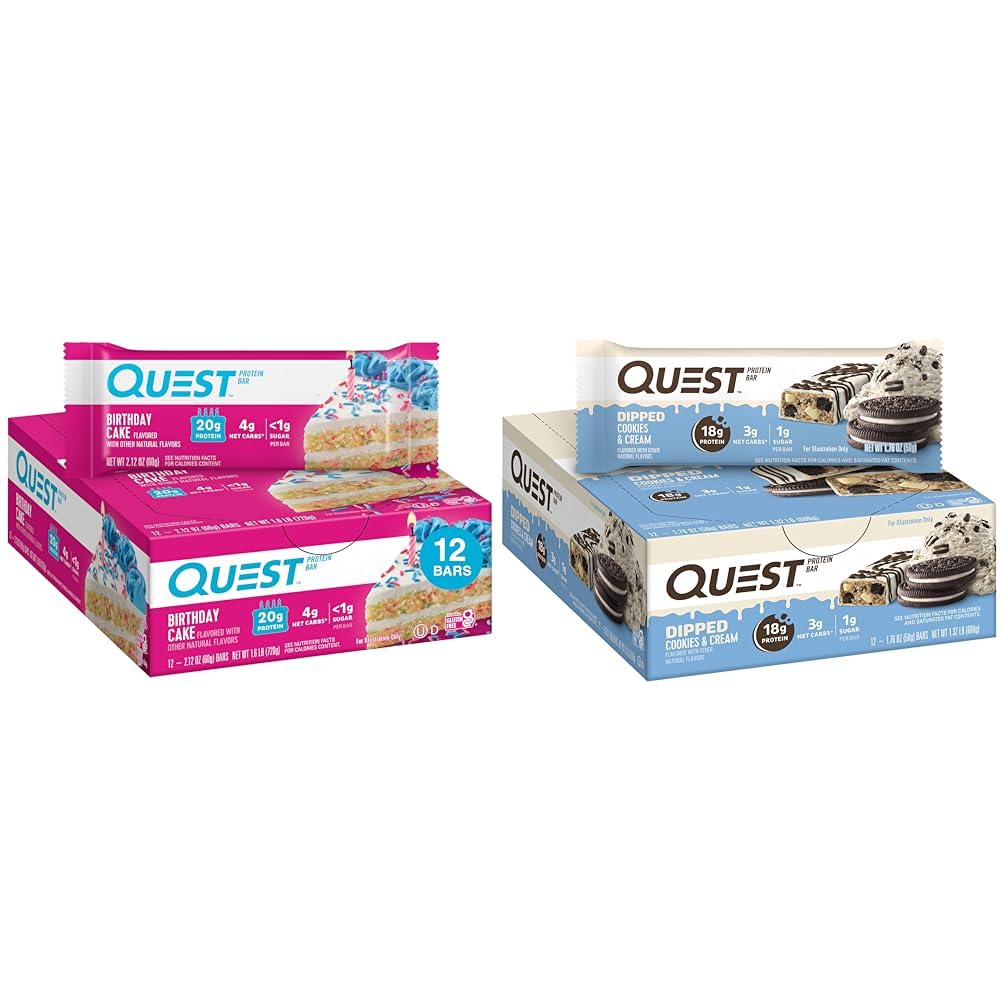 Quest Birthday Cake & Cookies & Cream Dipped Protein Bars, High Protein, Gluten Free, Keto Friendly, 12 Greve hver