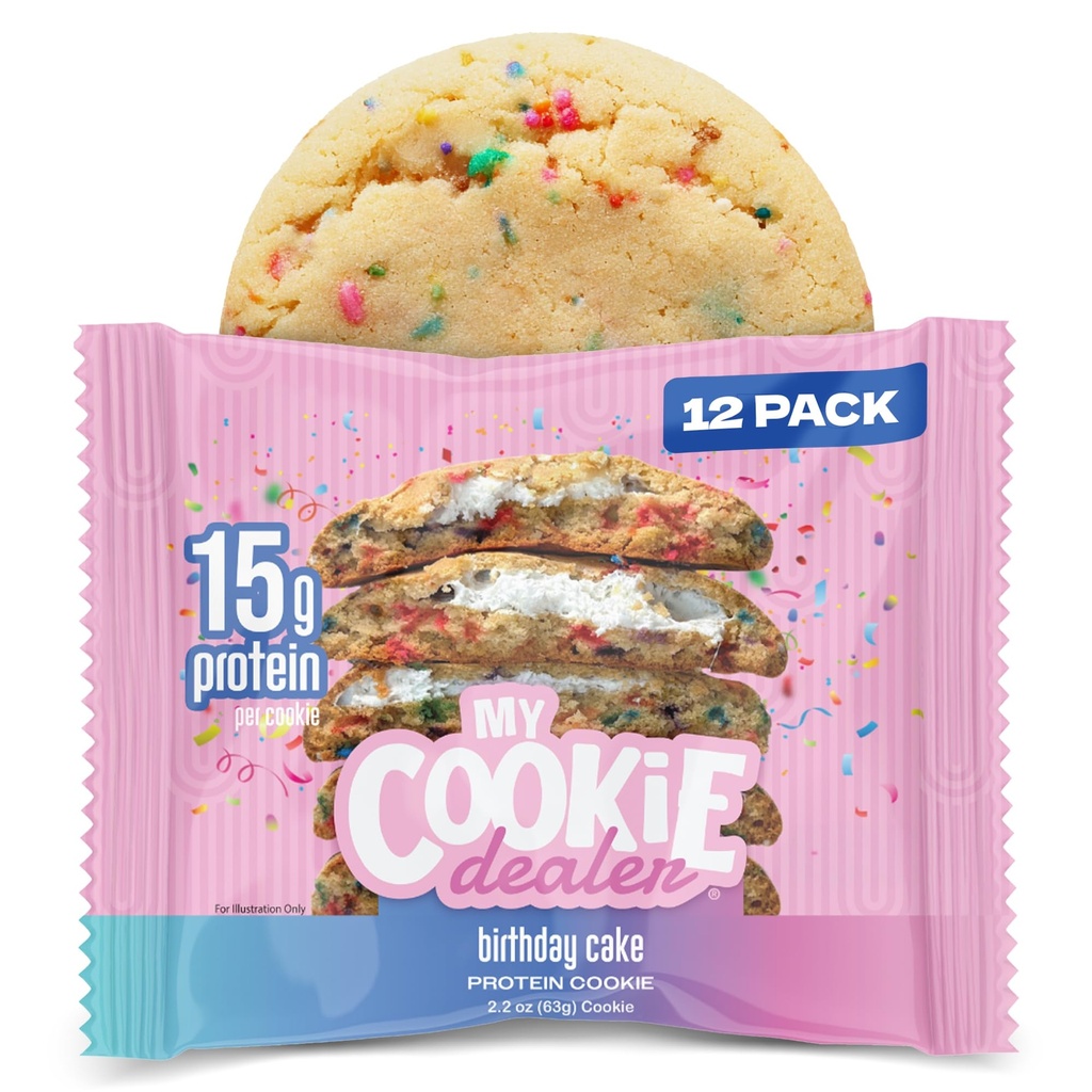 Min Cookie Dealer Protein Cookies, Fødselsdagskage (2.2oz, pakke med 12) - 15g Protein per Cookie - Individuelt indpakket Workout Snacks til On- The- Go Travel