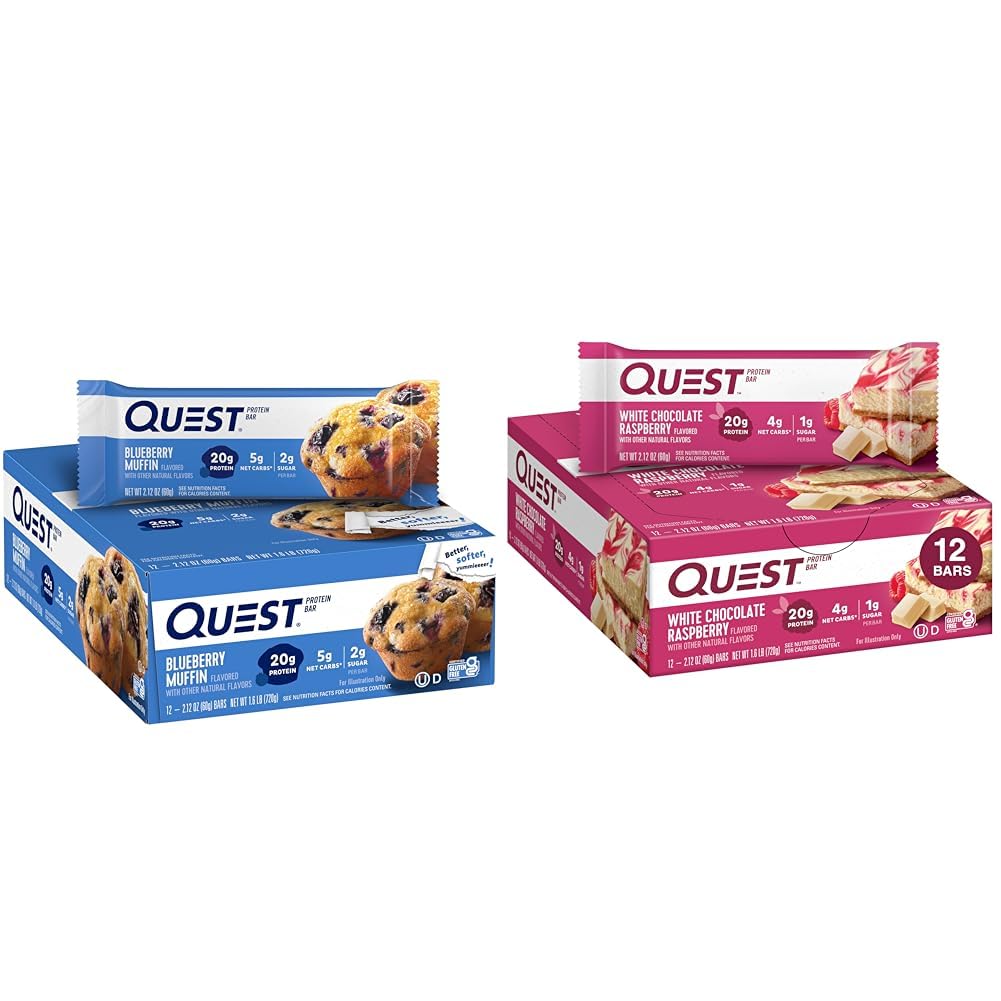 Quest Blåbær Muffin (12 Greve) og hvid chokolade hindbær (12 Greve) Protein Bars Bundle, High Protein, Gluten Free