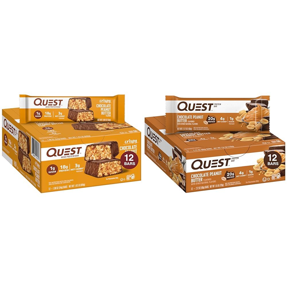 Quest Nutrition Crispy Chocolate Peanut Butter Hero Protein Bar, 18g Protein & Chocolate Peanut Butter Bars, High Protein, Low Carb, Gluten Free, Keto Friendly, 12 Greve