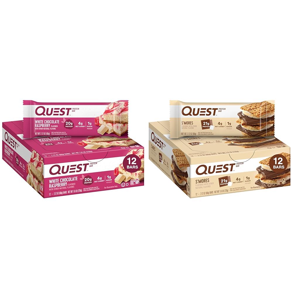 Quest Nutrition White Chocolate Raspberry Protein Bars, High Protein, Low Carb, Gluten Free, Keto Friendly, 12 Count & S 'mores Protein Bar, High Protein, Low Carb, Gluten Free, Keto Friendly, 12 Count