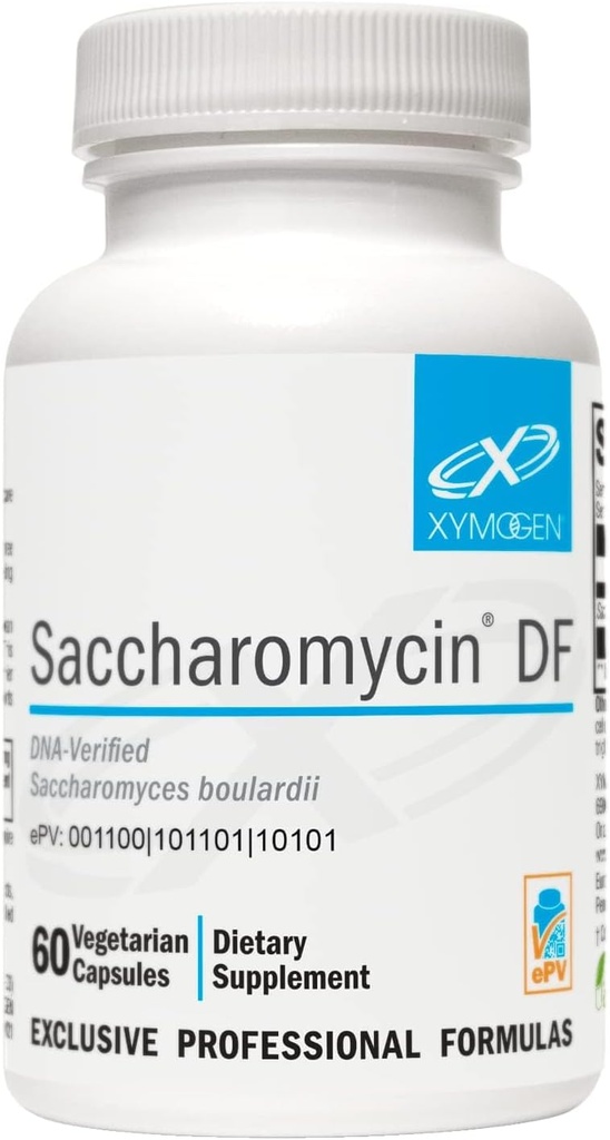 XYMOGEN Saccharomycin 10B - Mavesmerter - resistent, DNA- Verified Saccharomyces boulardii - Dairy Free Yeast Probiotika til Gut Support & immunforsvar - Tidligere Saccharomycin DF (60 kapsler)