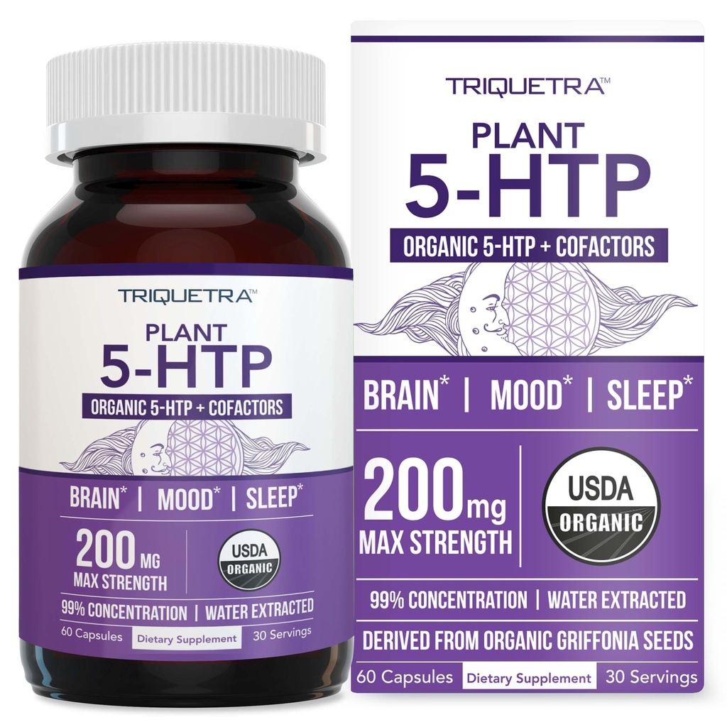 Økologisk 5- HTP - 200 mg stålet 124; 99% 5htp koncentrering, Plus kofaktor vitamin B6 & Lions Mane Budd124; Vand ekstraheret fra Økologisk Griffonia Frø 124; Understøtter Mood, Kognition & Sleep (60 Kapsler)