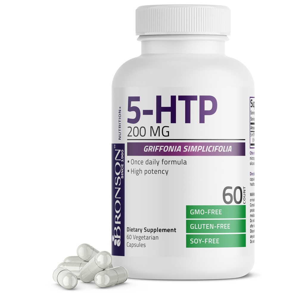 Bronson 5- HTP 200mg (5- hydroxytryptophan) Griffonia Simplicifolia Non- GMO, 60 Vegetariske kapsler