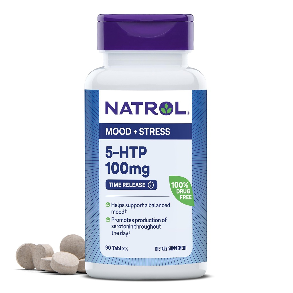 Natrol 5- HTP 100mg, Kosttilskud Hjælper med at understøtte et afbalanceret mood, mood og stress Support, 90 tidsudgivelsestabletter, 45- 90 dages forsyning