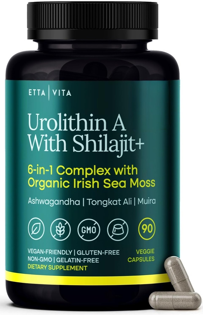 Urolithin- - Kompleks w Shilajit, Organic Sea Moss, Ashwagandha & Tongkat Ali, Natural Energy, Libido, Hormone Balance, og fokus for mænd og kvinder (Lavet i USA - 3. part Testet)