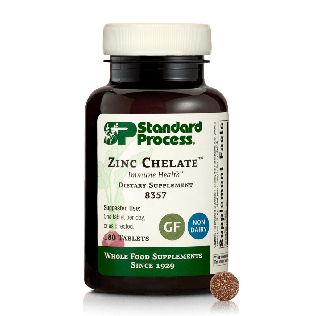 Standard Process Zinkchelat - Tilbyder naturlig immunforsvar & hjælpemidler Hudsundhed - Excellent kilde til zink - Gluten- Gratis, Non- Dairy & Non- Soy - 180 tabletter