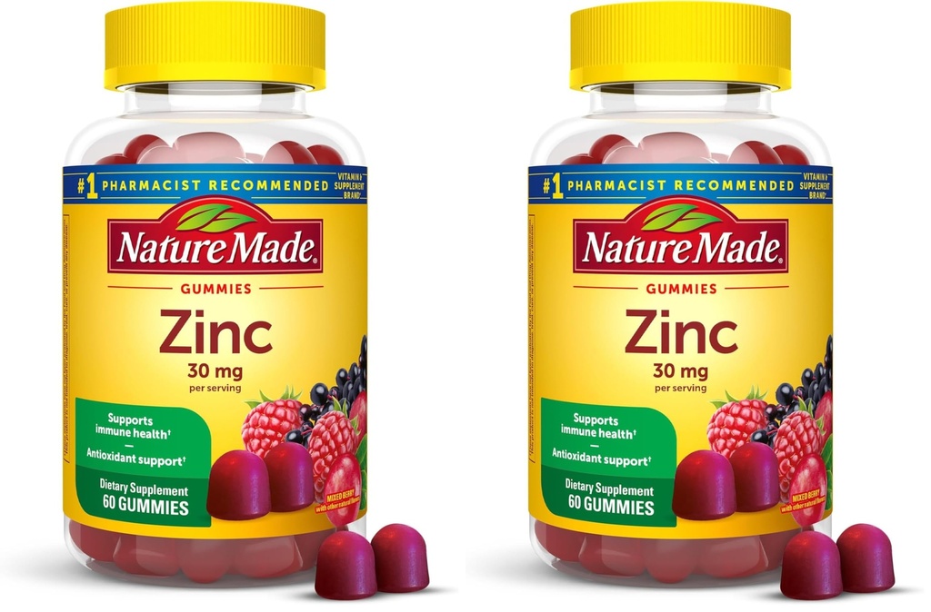 Nature Made Zink Supplements 30 mg per servering, Kosttilskud til immunforsvar og antioxidant Support, 60 Zinkgummier, 30 dages forsyning, (pakke med 2)