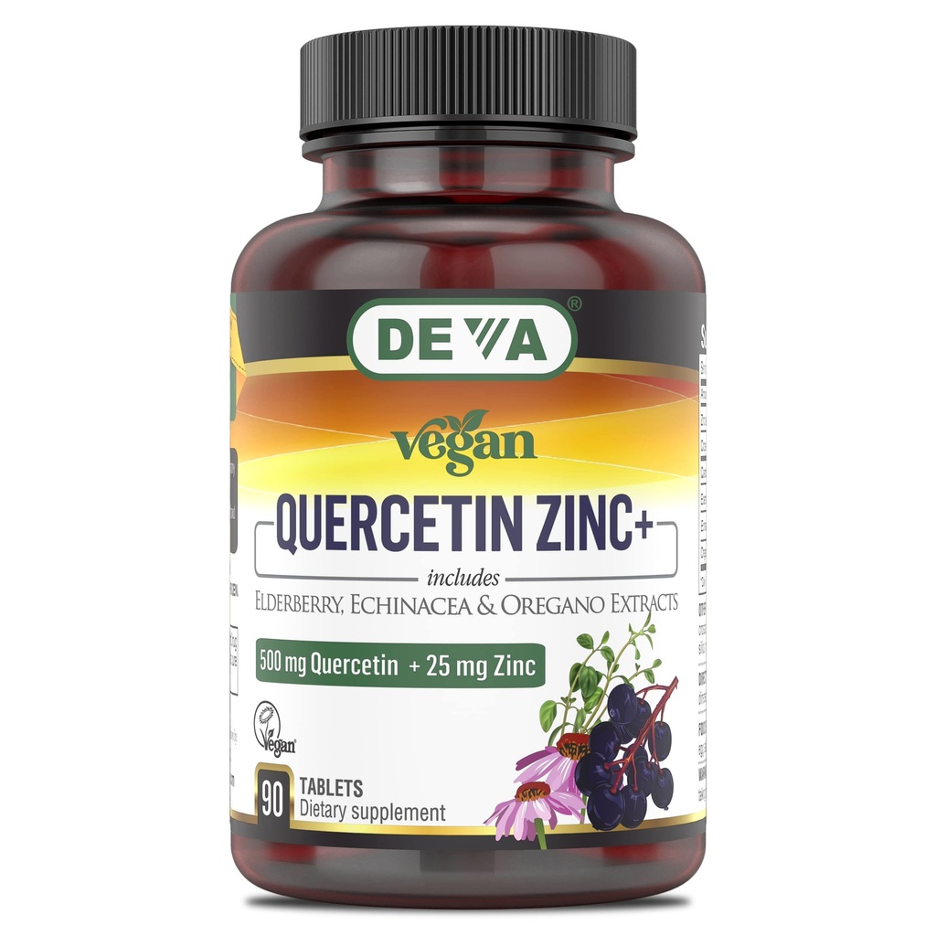 DEVA Vegan Quercetin 500mg Plus 25mg zink med Elderberry, Echinacea og Oregano Ekstrakter Ingen animalske ingredienser - 90 tabletter, 1- Pack