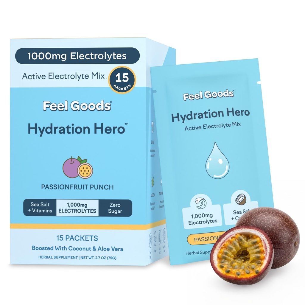 Feel Goods Hydration Hero, 1.000mg Electrolytes Powder, Sugar Free, Magnesium, Organic Aloe Vera, L Theanine, C-vitamin & B12, Keto, Vegan, Electrolyte Packets, Passion Fruit Punch, 15 Greve