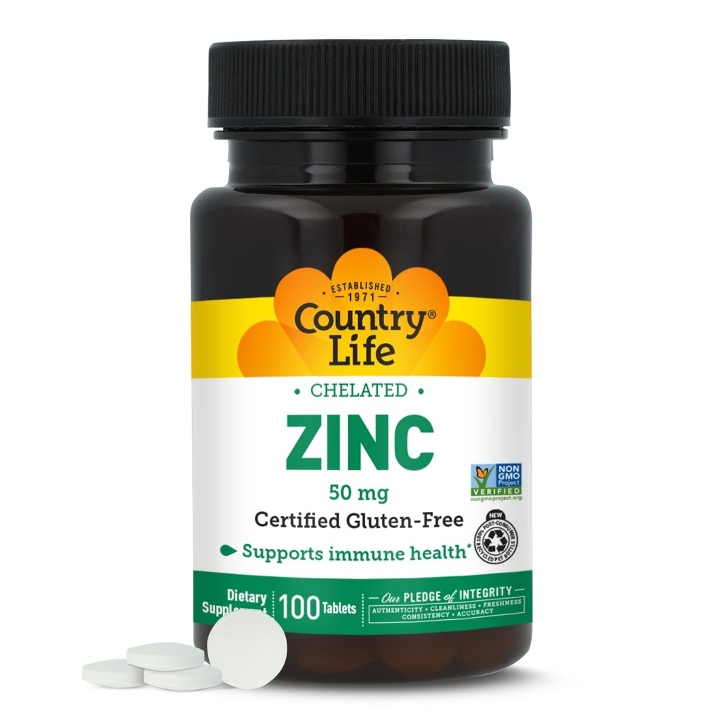 Country Life Chelated Zink 50 mg - Certified Gluten- Free & Vegansk immunsupporttillæg, Forbedrer Zink Absorption, Understøtter Body 's Protein Production & Cellular Health, 100 Vegetar tabletter