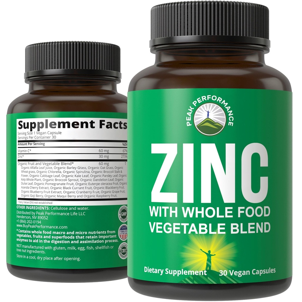 Vegansk zink supplement med C-vitamin + hel fødevareblanding af 25 grøntsager og frugter til Max Absorption. Zinktilskud 30 mg kapsler, piller, tabletter, vitaminer til voksne både mænd og kvinder