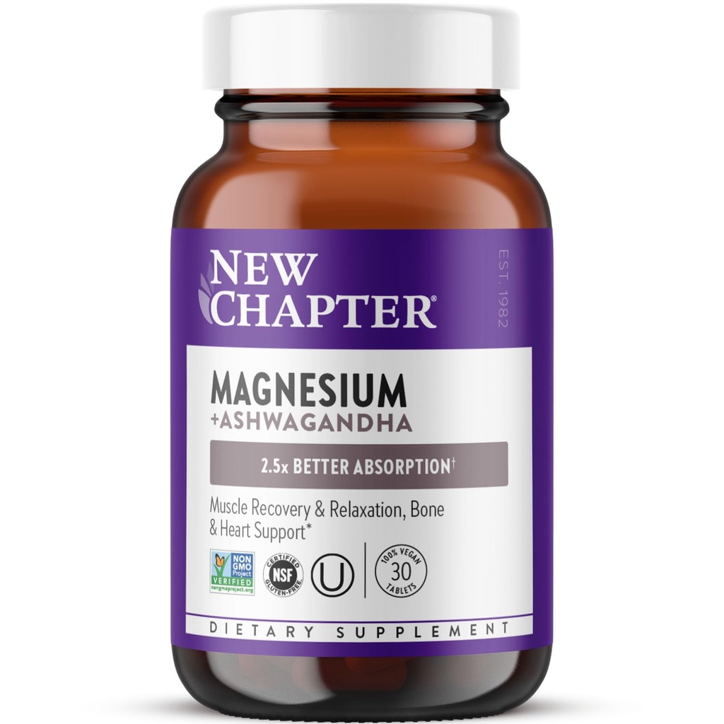 Nyt kapitel Magnesium + Ashwagandha Supplement, 325 mg med Magnesium Glycinat til muskelafslapning & Recovery, Heart, Nerve & Bone Health, 2,5 x Absorption, Non- GMO - 30 ct (1 måned Tilgang)
