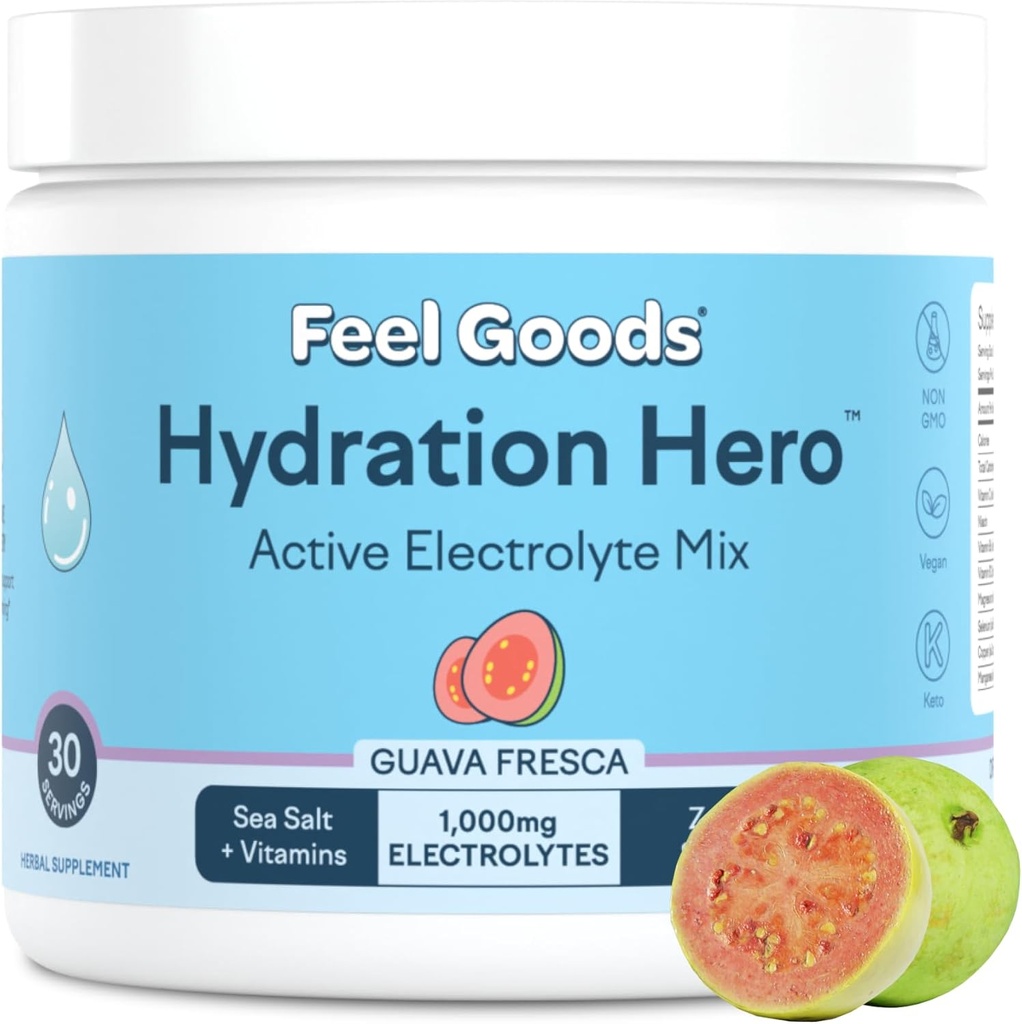 Feel Goods Hydration Hero, 1.000mg Electrolytes Powder, Sugar Free, Magnesium, Organic Aloe Vera, Organic Aloe, L Theanine, Vitamin C & B12, Non GMO, Keto, Vegan Buddy 124; Guava Fresca, 30 Servere