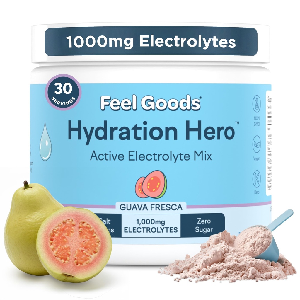 Feel Goods Hydration Hero, 1.000mg Electrolytes Powder, Sugar Free, Magnesium, Organic Aloe Vera, Organic Aloe, L Theanine, Vitamin C & B12, Non GMO, Keto, Vegan Buddy 124; Guava Fresca, 30 Servere