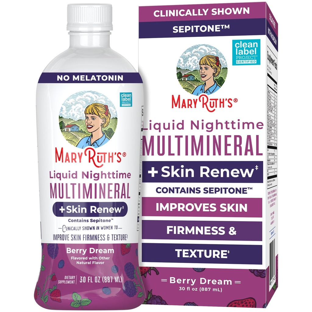 MaryRuth 's Flydende Nighttime Flydende Multimineral + Skin Renew MSD 124; Klinisk vist i kvinder til at reducere fine wrinkle & forbedre hud firmness MSD 124; Sepitone MSD 124; NO Melatonin MSD 124; Magnesium MSD 124; Vegan MSD 124; 30 Servering