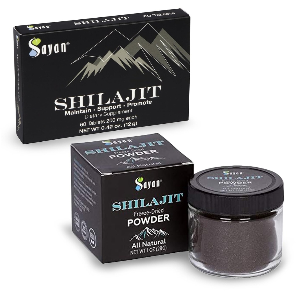 Sayan Shilajit Pure Organic Black Resin Trace Mineral Tablets & Pure Organic Shilajit Extract Freeze- Dry Powder Bundle - immunstøtte, Detox, Energy Boost (1 måned Tilgang)