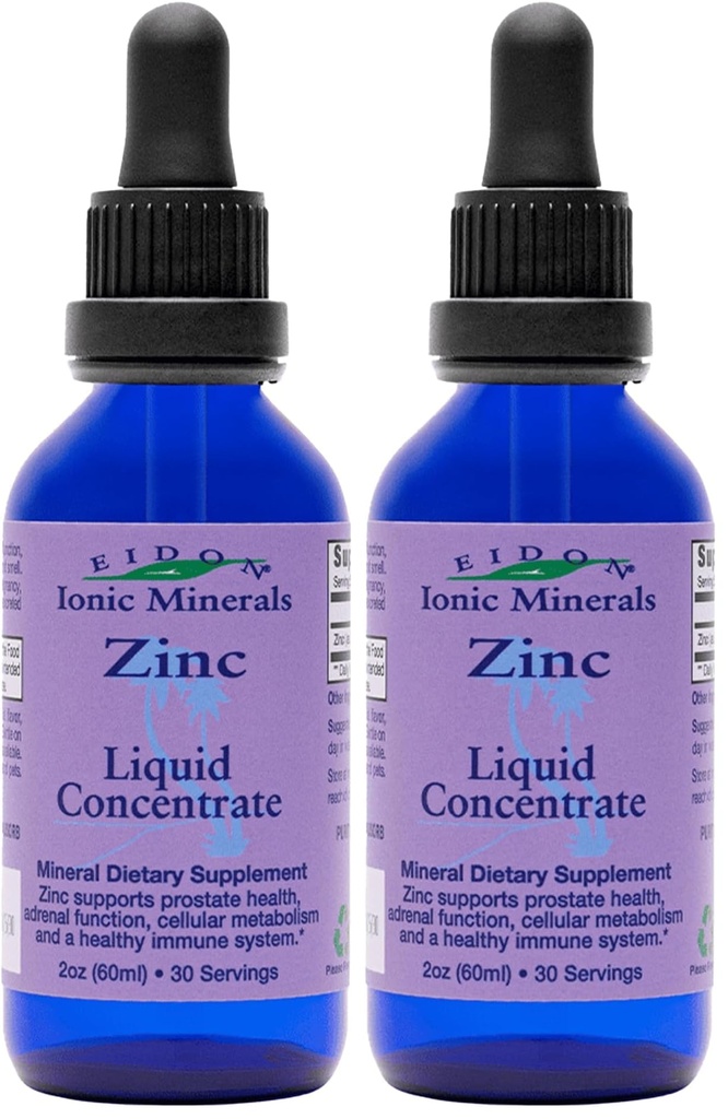 Eidon Ionic Minerals Flydende Zink koncentrat - Ionic Zink supplement dråber til voksne og børn, Support immunsystem, hår og hud, lever og nyresygdom, Relieves Stress - 2 oz (pakke med 2)
