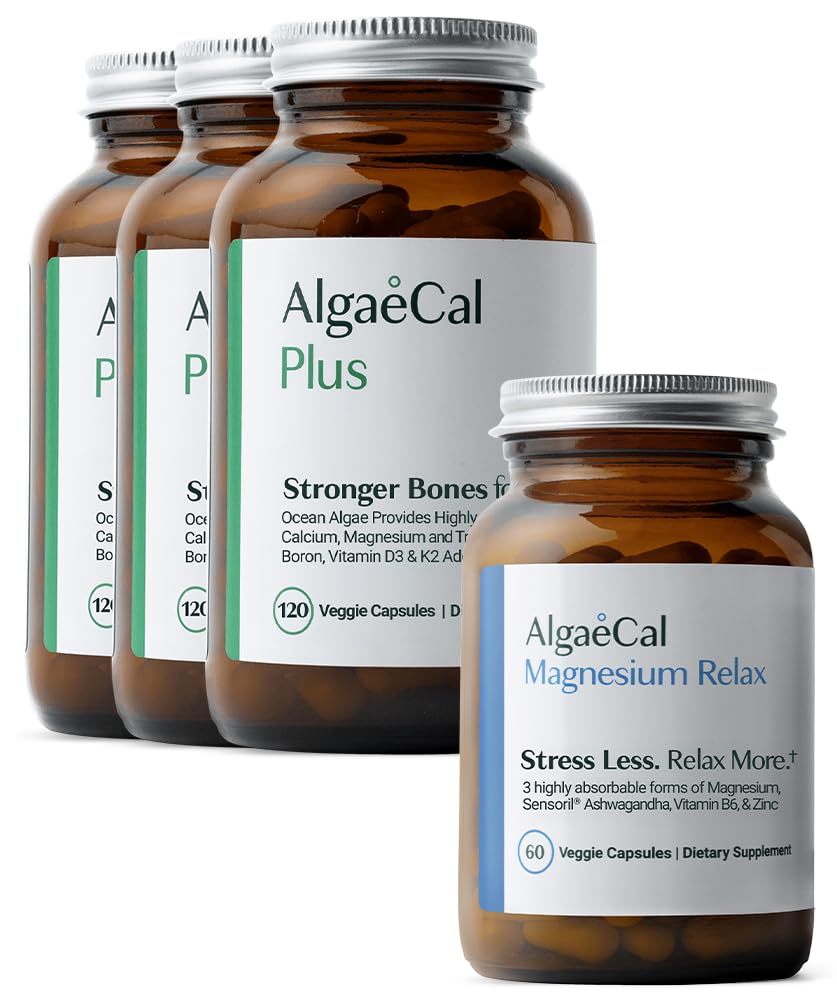 ALGAECAL Organic Red Algae Calcium supplement til knogletæthed & styrke, vitamin K2 MK7, vitamin D3, Magnesium & Trace mineraler, 120 Veggie Caps Magnesium Relax ™ (60 Caps)
