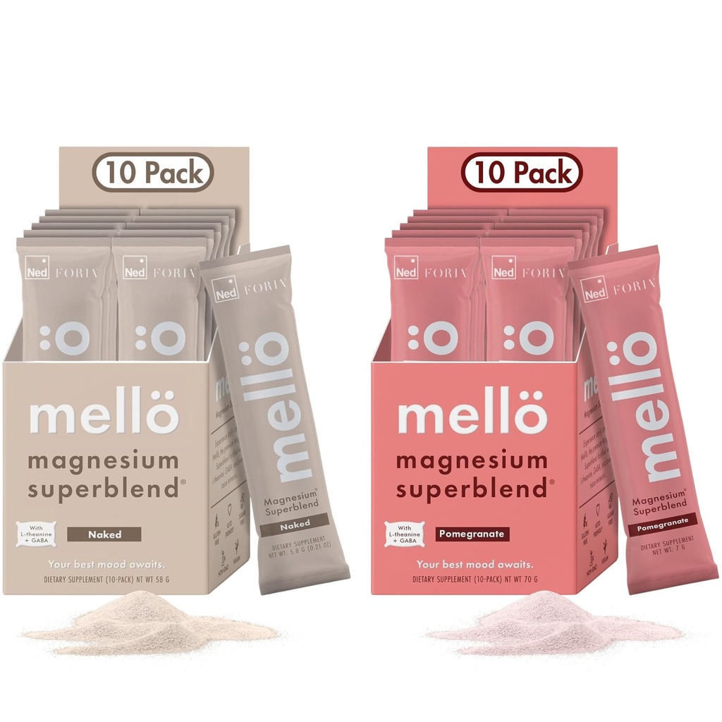 Mezzogiorno Magnesium Superblend Bundle - Pomegranat & Unflavored - Magnesium Glycinat med L-Theanin, GABA & Trace Minerals - Understøtter søvn, afspænding og balanceret energi - 2 x 10 -pakker