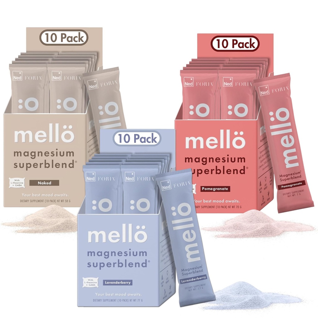 Mezzogiorno Magnesium Superblend Bundle - Lavenderberry, Pomegranate & Unflavored- Magnesium Glycinat med L-Theanine, GABA & Trace Mineral- Supports Sleep, Afslapning, og Balanceret Energi - 3 x 10 - Pakninger