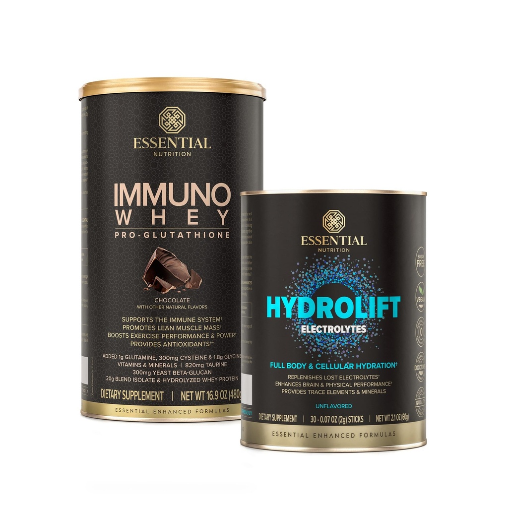 Essential Nutrition Hydrolift Electrolytes + Immuno Whey Chokolade - Kraftfuld hydrering med trace mineraler og Glutathione- Support Protein Formel - Keto Friendly, Sukker fri