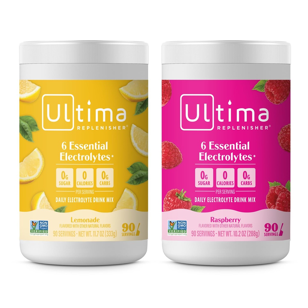 Ultima Replenisher Electrolyte Powder Drink Bundle - Sukker fri - Lemonade og hindbær, 90 Servering - Hydrering pulver - 6 Key Electrolytes and Trace Minerals - Keto Friendly, ikke-GMO
