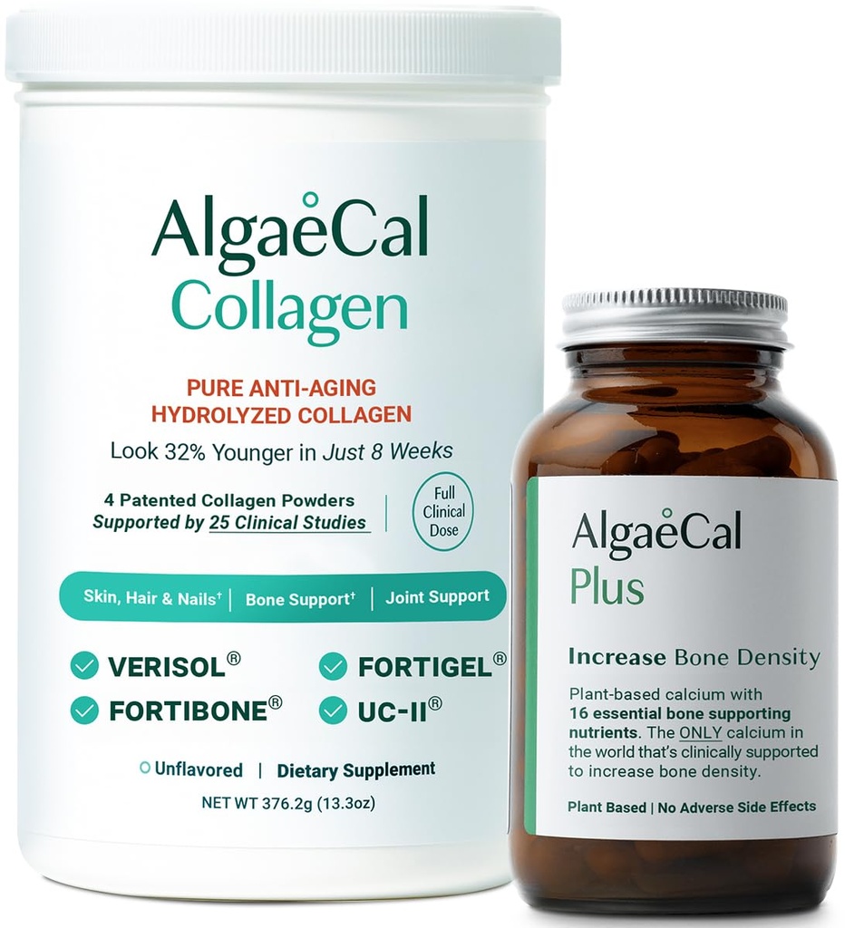 ALGAECAL Calcium & Collagen Bundle - Hydrolyzed Collagen Komplet med klinisk-støttet Verisol, Fortibone & Fortigel, Plus D3-vitamin, K2, Magnesium & Trace mineraler for ben sundhed & Anti- Aging
