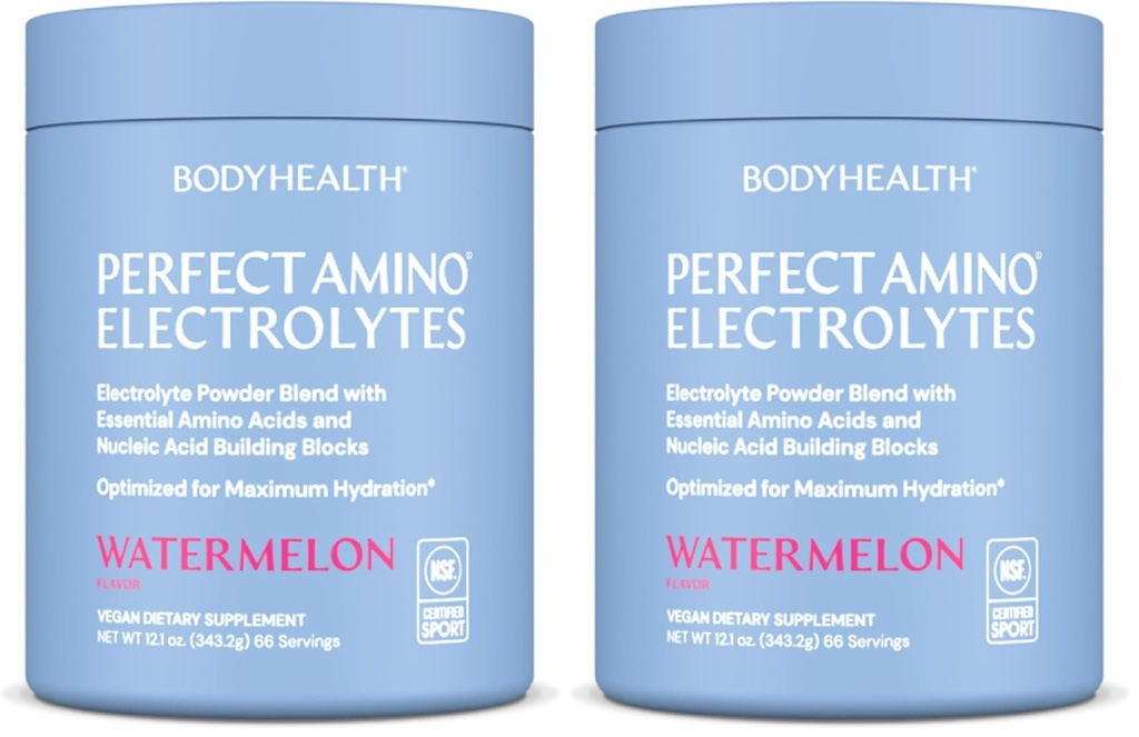 BodyHealth PerfectAmino Electrolytes Powder No Sugar, Hydration Fasting Keto Zero Sugar Electrolytes Drink Mix with Trace Minerals - NSF Certified for Sport - Watermelon - 66 Serveringer (Pack of 2)