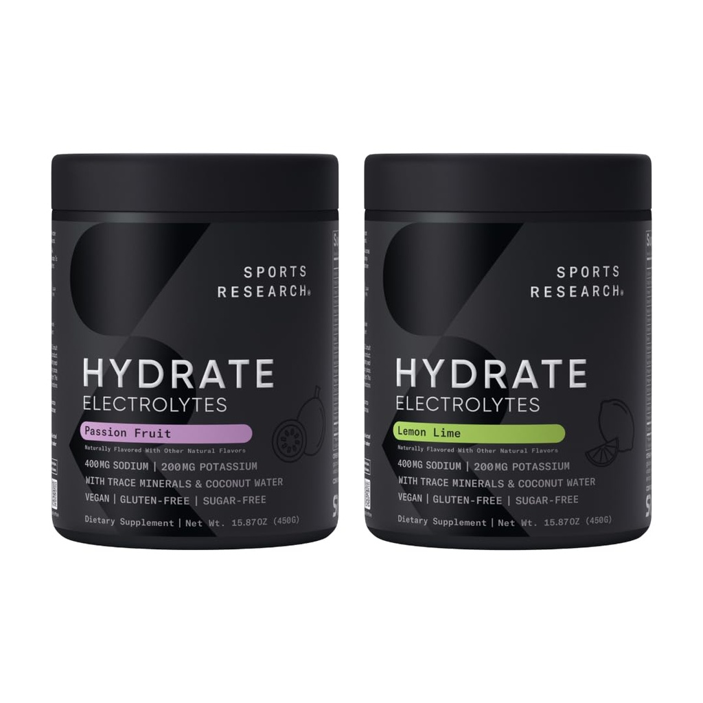 Sportsforskning Hydrate Electrolytes Powder - sukker- fri & naturligt tilsat vitaminer, mineraler og kokos vand - understøtter hydrering - Passionsfrugt & Lemon Lime