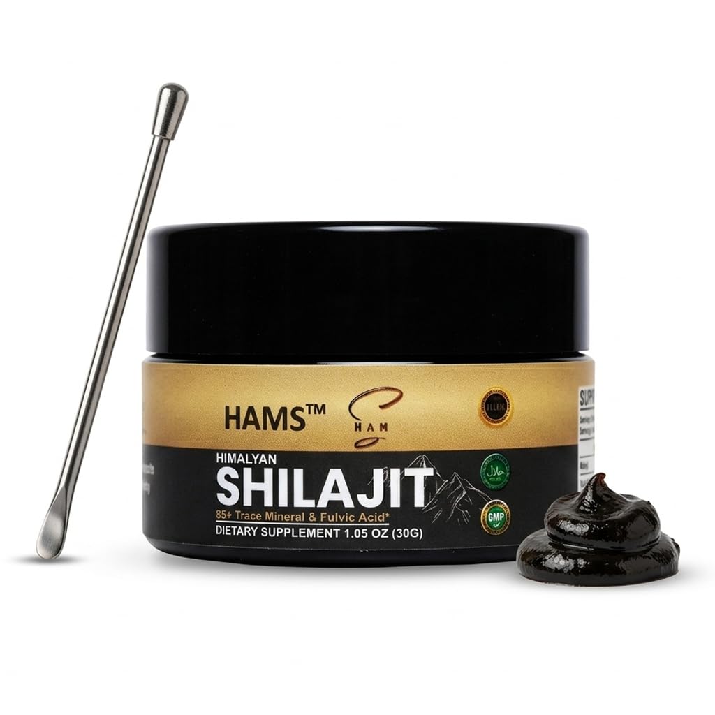 HAMS Pure Himalayan Shilajit Resin, Autentiske Mumijo med 84 + Trace Minerals, Høj potens med elementært guld og Fulvic Acid, Lab Testet, Vegan, 30g