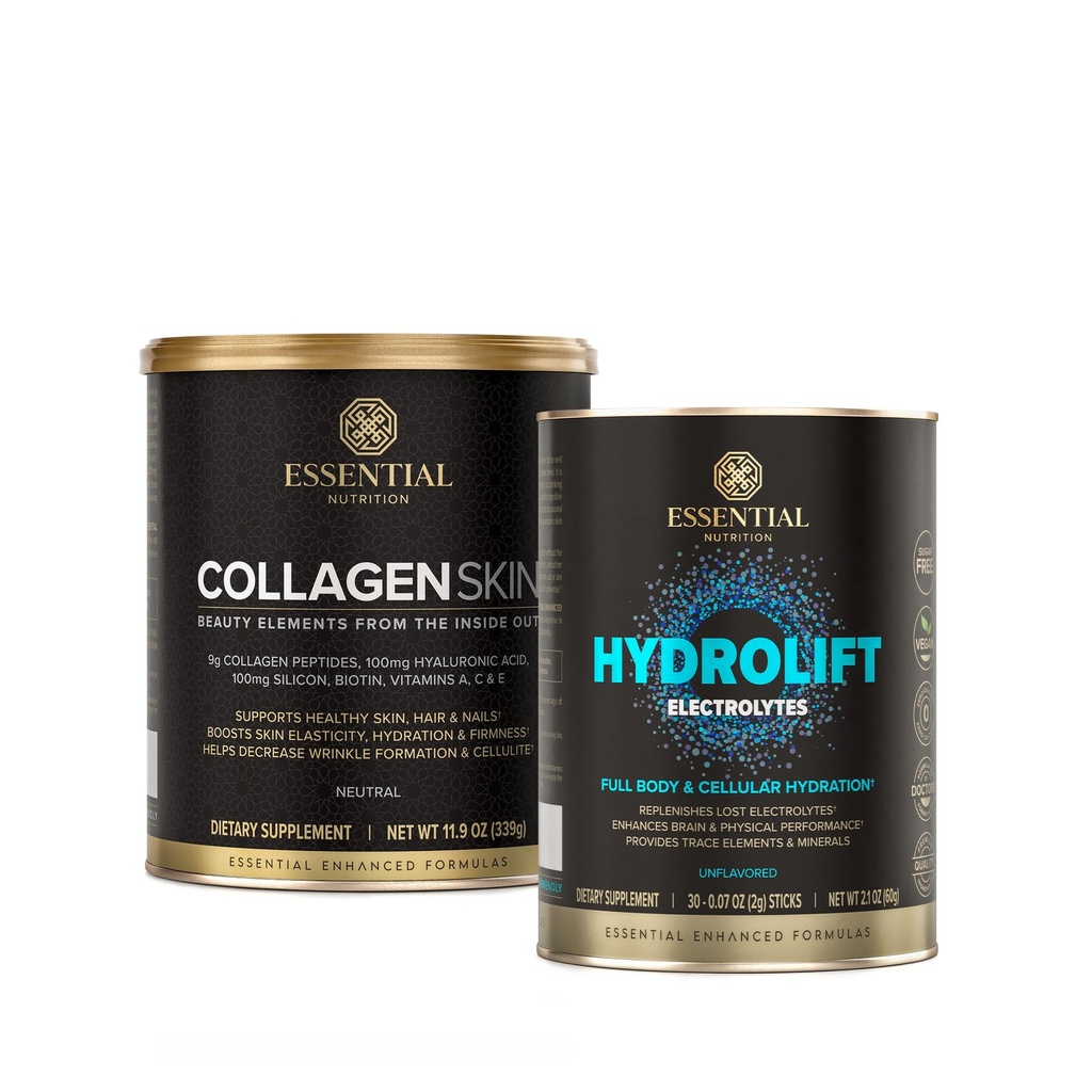 Kollagen Hud + Hydrolift Bundle - Hydrolyseret Bioaktive Kollagen Peptider med Hyaluronsyre, Biotin & Silicon og Sugar- Free Hydrolift Elektrolyter med Sporelementer & Mineraler