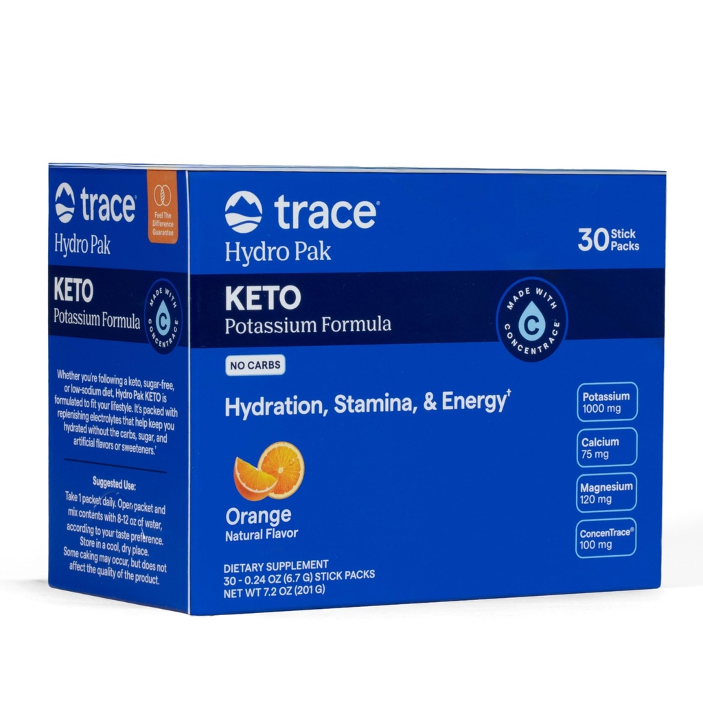 Trace Minerals Hydro Pak Keto - Electrolyte Replenisation Drink Mix - 1000 mg Kalium Plus 70 understøtter energi, Stamina, & Hydration - Orange Flavor - 30 Serveringer