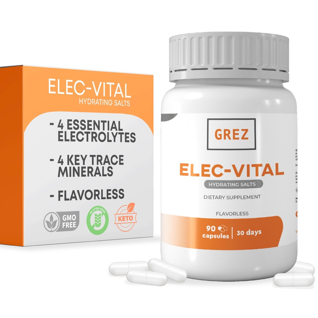GREZ El-Vital Electrolyte Kapsler - 8 Essentielle Elektrolyter og Key Trace Minerals - Sukker Free - Flavorless - Hydrering Mineral supplement Support - 90 Kapsler til 30 dage