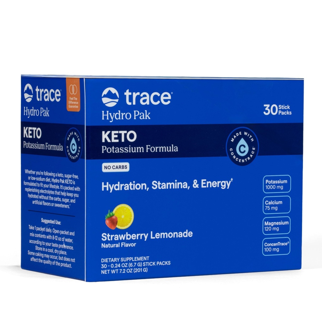 Trace Minerals Hydro Pak Keto - Electrolyte Replenisation Drink Mix - 1000 mg Kalium Plus 70 understøtter energi, Stamina, & Hydration - Jordbær Lemonade Flavor - 30 Servering