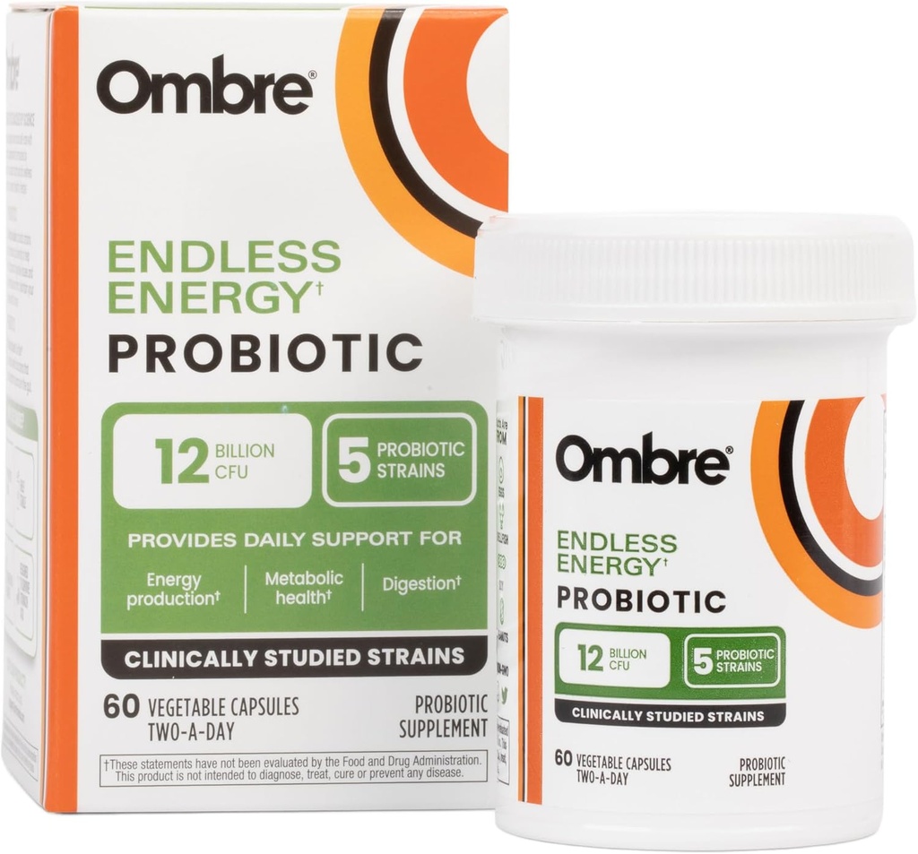 Ambre Enless Energy Probiotic Supplement, Understøtter naturlig energi produktion, hukommelse, Focus & Gut Sundhed, 12 Millioner CFU, Shelf- Stable, 30 Servere