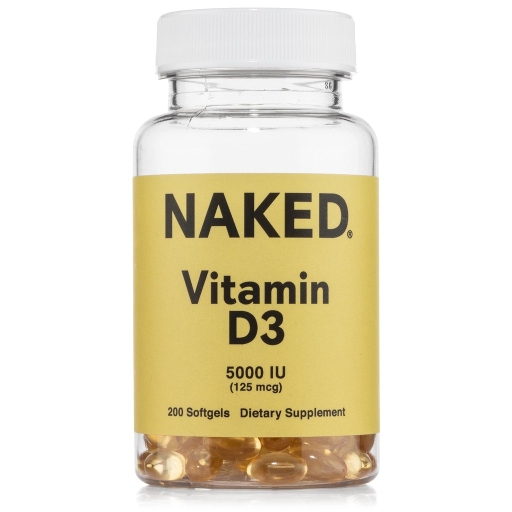 NAKED vitamin D3 5000 IE - højpotens vitamin D supplement til immunforsvar, ben styrke, muskelfunktion - 200 vitamin D softgels