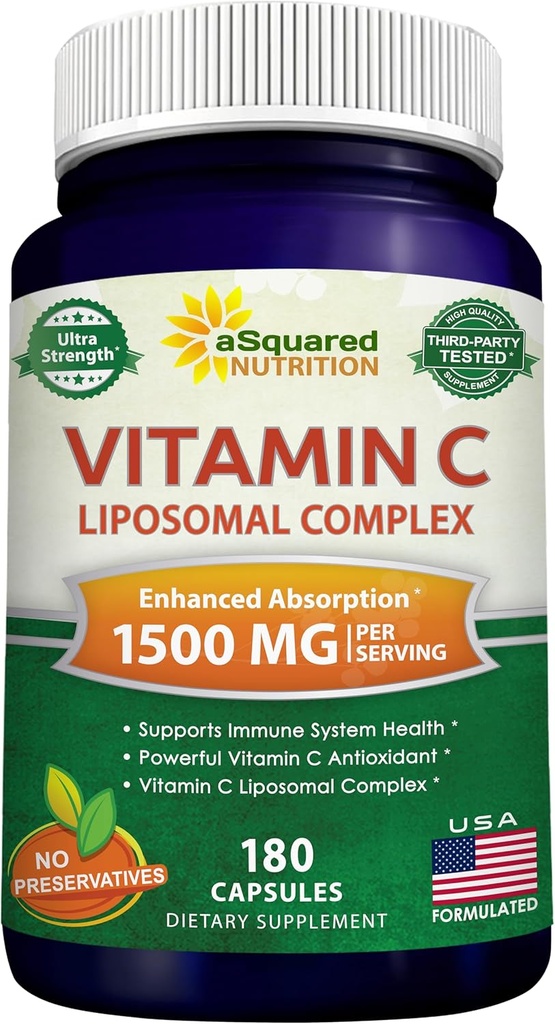 aSquared Nutrition Vitamin C Liposomal Complex - 1500mg tillæg - 180 kapsler - Høj Absorption VIT C Ascorbic Acid Pills - Understøtter immunsystemet & Collagen sundhed - 90 Servering