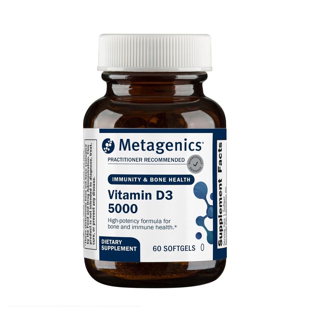 Metagenics Vitamin D3 5000 IE Supplement - High Potency Softgels for Immunum, Bone & Heart Health * - 125 mcg Cholecalciferol i kokosolie til forbedret absorption * - ikke- GMO, Gluten- fri - 60 Tæl