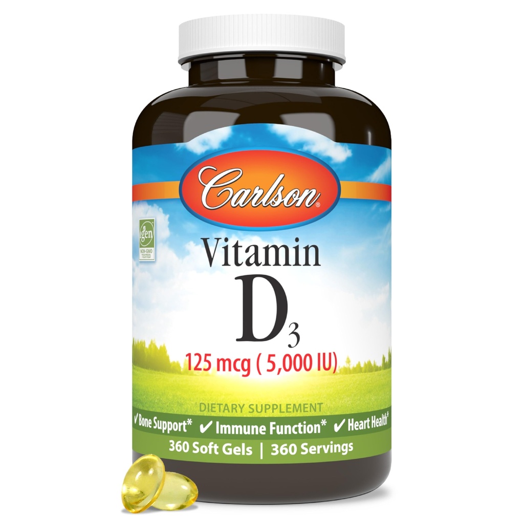 Carlson - D3- vitamin 5000 IE (125 mcg), Knoglesundhed, muskelsundhed, Cholecalciferol, D- vitamintilskud, D3- vitamin Soft Gels, 360 Softgels