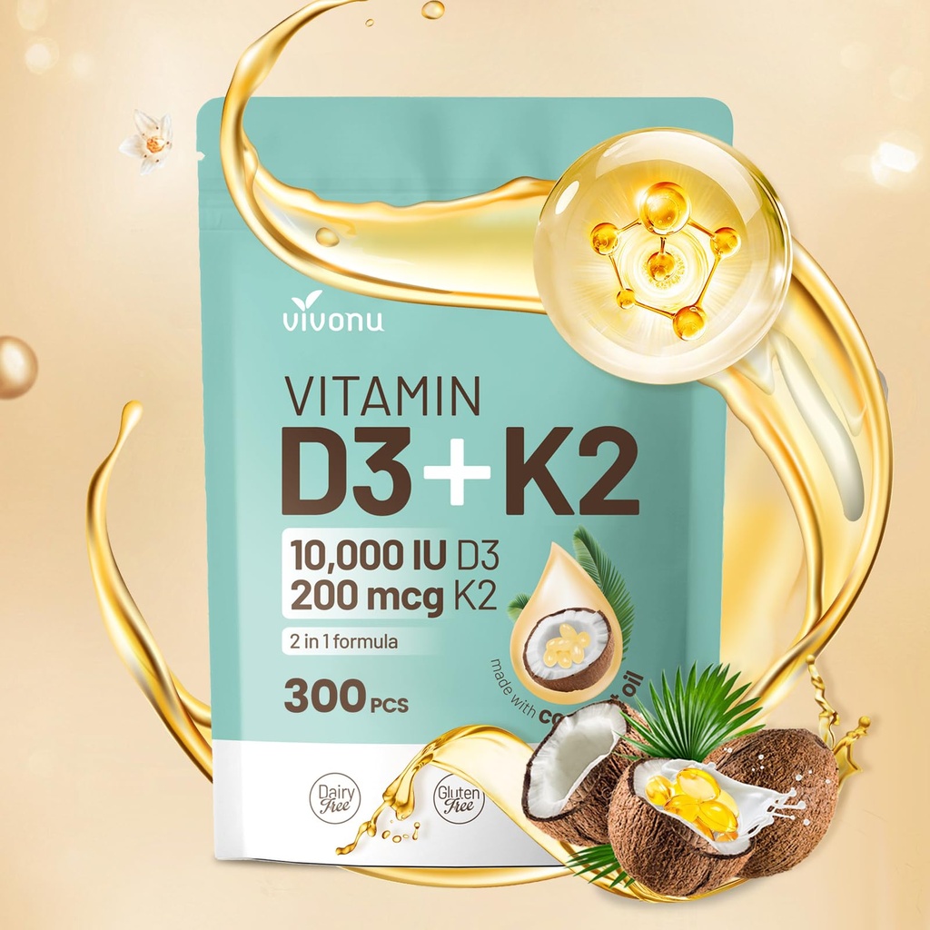VivoNu Vitamin D3 K2 10000 IE med MK7- 300 Virgin Coconut Oil Softels, 2 i 1 Vitamin D & K Complex