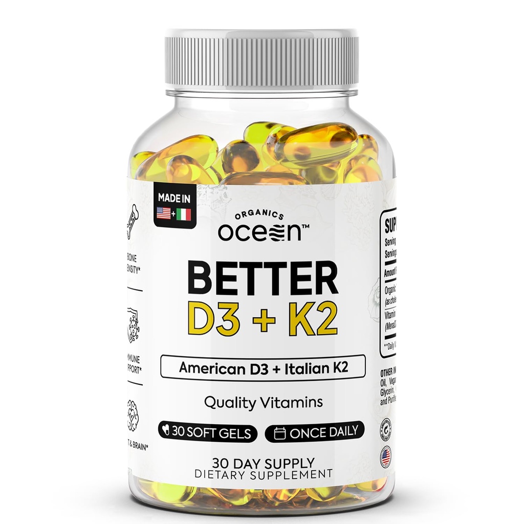 Organiske Ocean Bedre D3 + K2- 100% Økologisk VIT D3 og K2 Kosttilskud med maksimal biotilgængelighed - Understøtter Knogletæthed, Calciumbalance, Immunitet & Mood - 1-Pack, 30-Day Supply