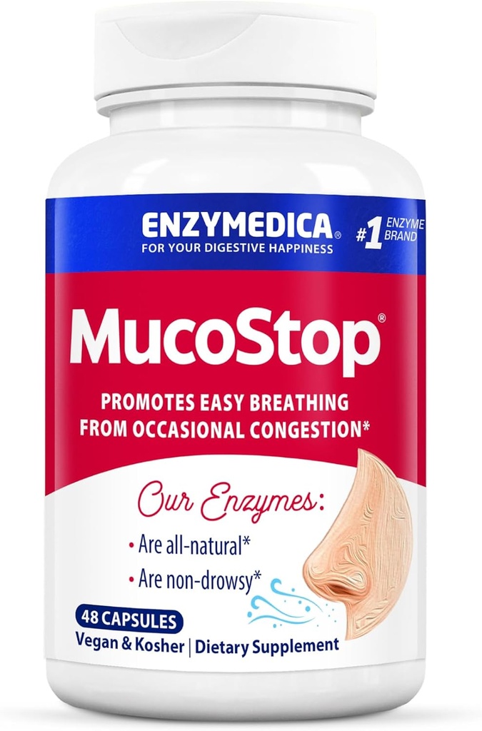 Enzymedica, MucoStop, Natural Enzyme Supplement, Relieves Seasonal or Occasional Congestion, Supports Easy Breathing, 48 Count