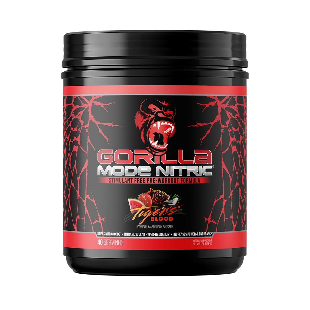 Gorilla Mode Nitroc Opgraderet Stimulant Gratis Pre- workout - Bedste Tasting og mest effektive Stimulant Gratis Pre- Workout / Massive Pumper · Vasodilation · Power / 784 Bedste (Tigers Blood)
