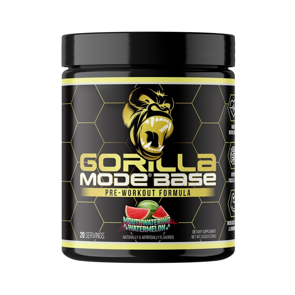 Gorilla Mode Base Pre Workout - Øger nitrogenoxid · Intensiv Focus & Drive · Endurance · Power - L-Citrullin, L-Tyrosin, Betine, Alpha- GPC, Koffein, Huperzine A - 234g (Mouthwater Watermelon)