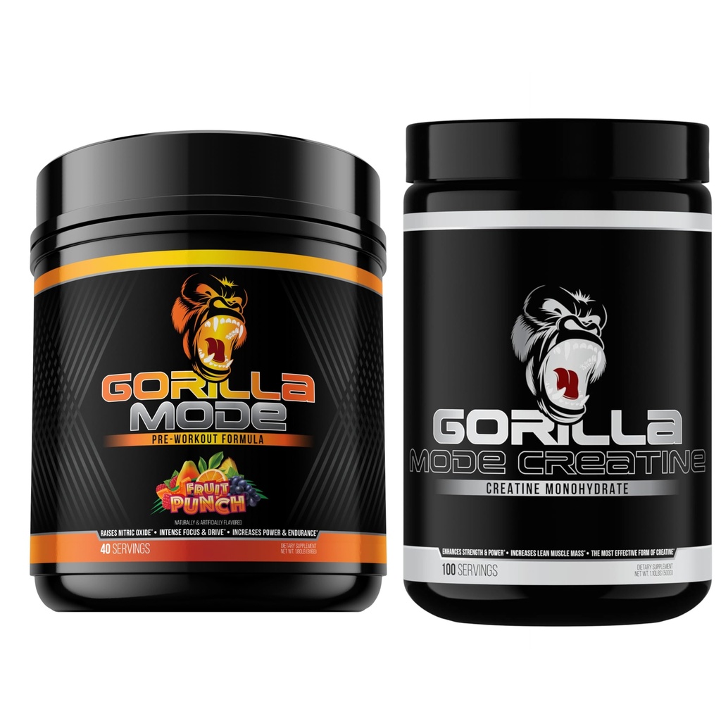 Gorilla Mind Pre Workout (Fruit Punch) + Creatin (100 Serv.) - Omfattende stak for forbedret styrke, effekt og muskelstørrelse