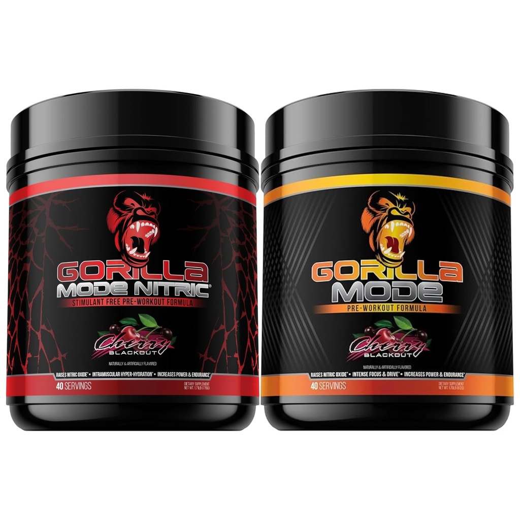 Gorilla Mode Pre Workout & Gorilla Mode Nitroc Upgraded Stimulant - Bedste Tasting & mest effektive Stimulant Gratis Pre-Workout Pre-124; Massive Pump Budding 124; Laser Focus Energy Power (Cherry Blackout)