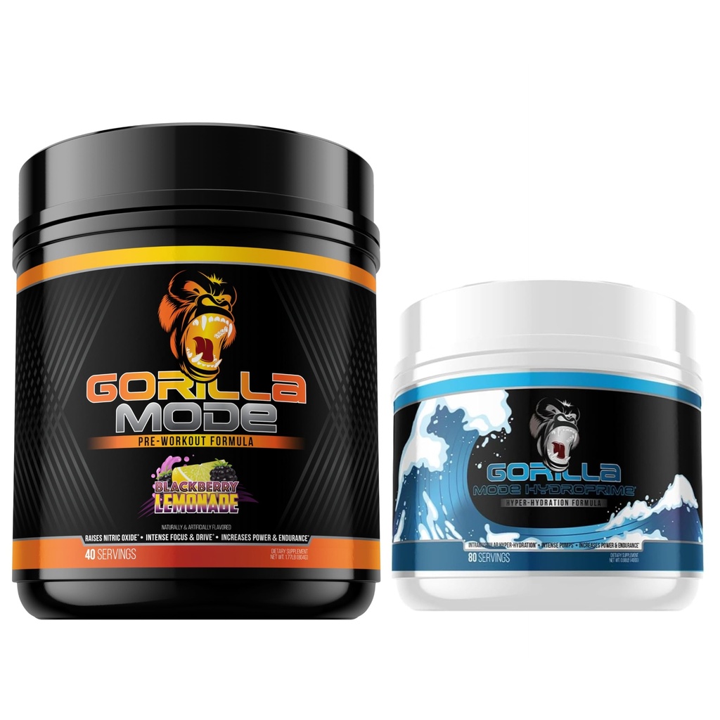 Gorilla Mode Pre Workout (BlackBerry Lemonade) + HydroPrime Glycerol Pre Workout - Omfattende stack for hyper- Hydration, Pump, Power, Endurance, og Thermoregulation